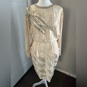 Vintage 80s Destinee 100% Silk Ivory White  Floral Beaded Tea Dress Small Size 6